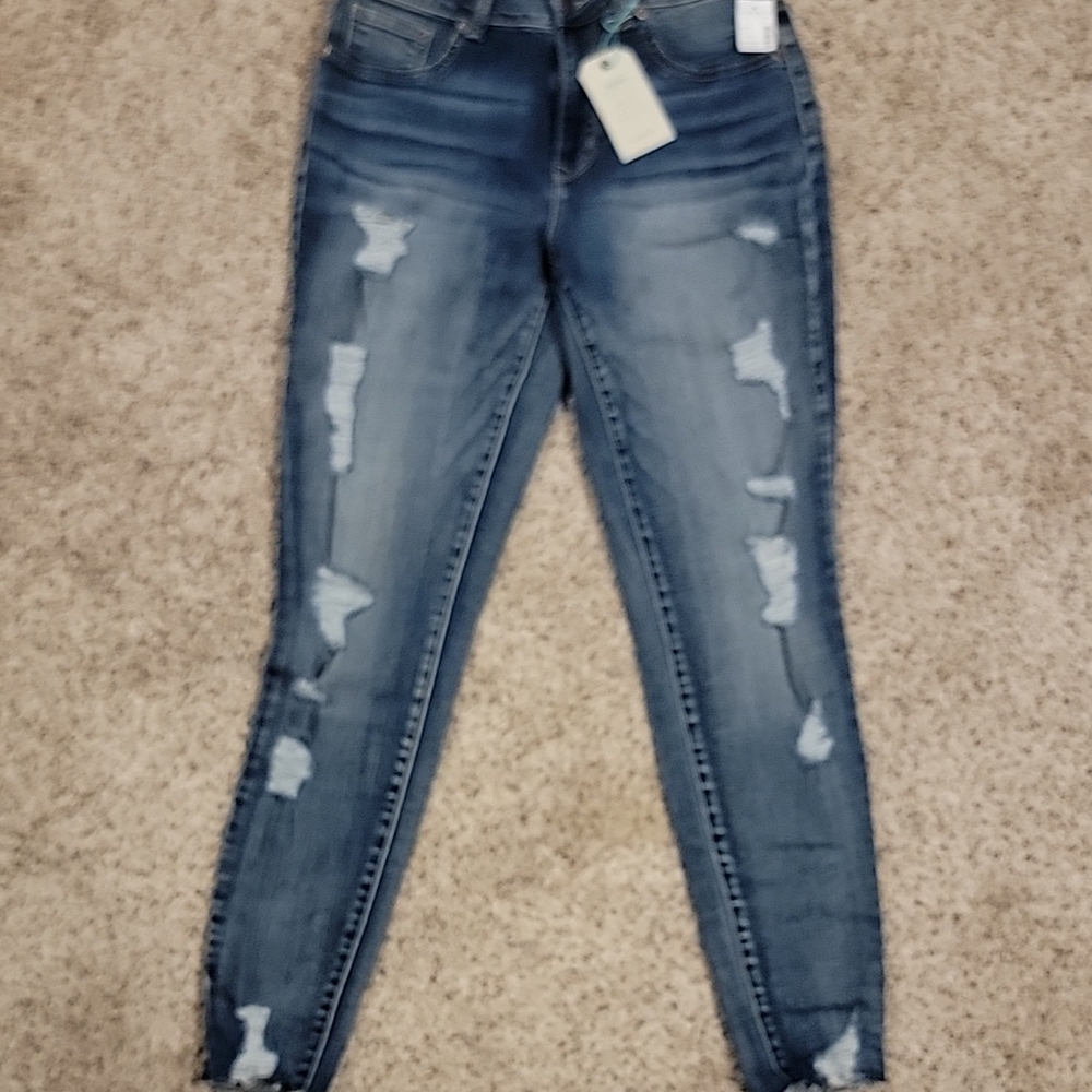 Medium Blue Skinny Distressed Jeans with Raw Hem